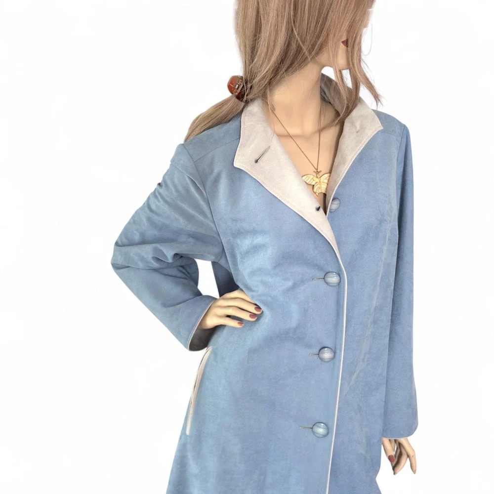 Vintage 80s Blue Faux Suede Midi Coat | Retro Soft Girl Coquette Academia Jacket